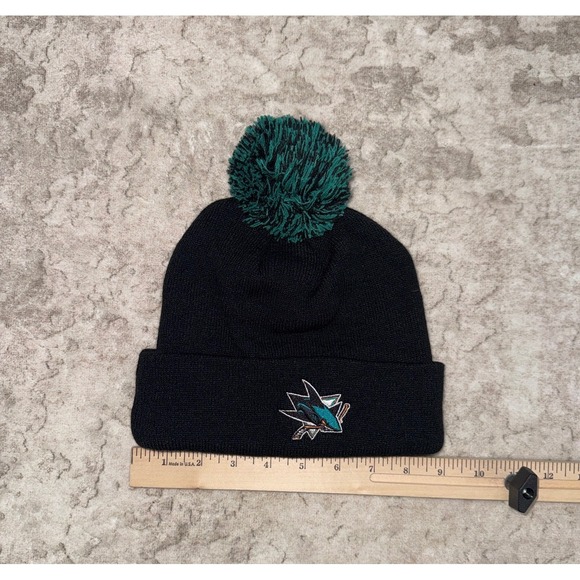 San Jose Sharks Beanie Cap Black Teal Pom Pom NHL Hockey Knit - Picture 2 of 3